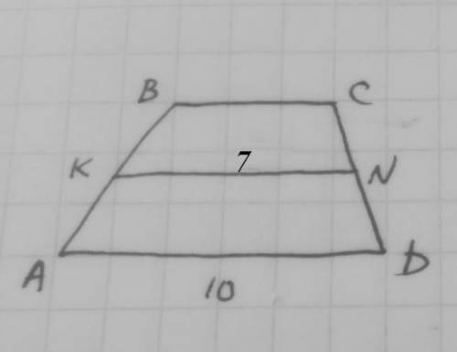 5. Основа трапеції дорівнює 10см, а її середня лінія 7см. Знайдіть іншу основу трапеції.