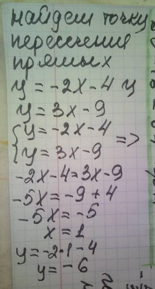 напишите уравнение прямой проходящей через точку пересечения прямых y = - 2 x - 4 и y = 3x - 9 и пер