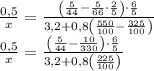 \displaystyle\\\[\begin{array}{l}\frac{{0,5}}{x} = \frac{{\left( {\frac{5}{{44}} - \frac{5}{{66}} \cdot \frac{2}{5}} \right) \cdot \frac{6}{5}}}{{3,2 + 0,8\left( {\frac{{550}}{{100}} - \frac{{325}}{{100}}} \right)}}\\\frac{{0,5}}{x} = \frac{{\left( {\frac{5}{{44}} - \frac{{10}}{{330}}} \right) \cdot \frac{6}{5}}}{{3,2 + 0,8\left( {\frac{{225}}{{100}}} \right)}}\end{array}\]