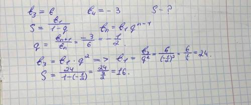 Знайдіть суму нескінченної геометричної прогресії (bn) якщо b3=6, b4=(-3)