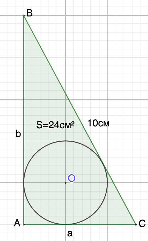 Гіпотенуза прямокутного трикутника дорівнює 10 см, а його площа 24 см². Знайти радіус кола, вписаног