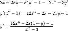 2x+2xy+x^2y'-1=12x^5+3y'y'(x^2-3)=12x^5-2x-2xy+1y'=\dfrac{12x^5-2x(1+y)-1}{x^2-3}