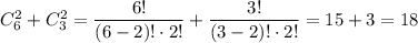 C^2 _ 6 + C^2 _ 3 = \dfrac{6!}{(6-2)!\cdot 2!} + \dfrac{3!}{(3-2)!\cdot 2!} = 15 + 3 = 18