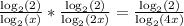 \frac{ \log_{2} (2) }{ \log_{2} (x) } *\frac{ \log_{2} (2) }{ \log_{2} (2x) } =\frac{ \log_{2} (2) }{ \log_{2} (4x) }