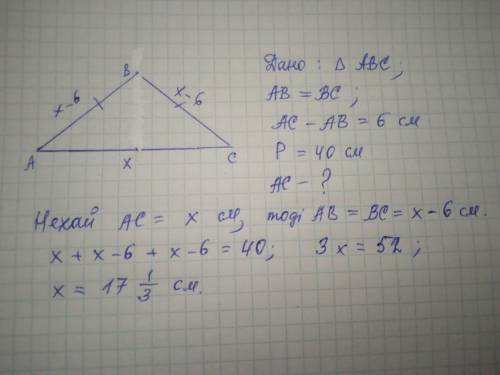 Периметр рівнобедреного трикутника дорівнює 40 см. Різниця основи та бічної сторони становить 7 см.