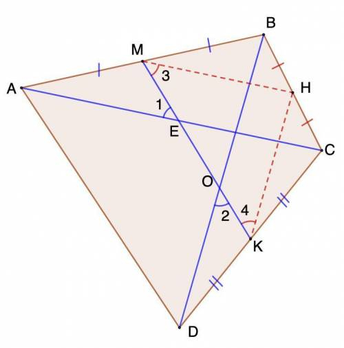 В опуклому чотирикутнику пряма, яка проходить через середини двох протиле- жних сторін, утворює рівн