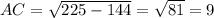 AC=\sqrt{225-144} =\sqrt{81} = 9