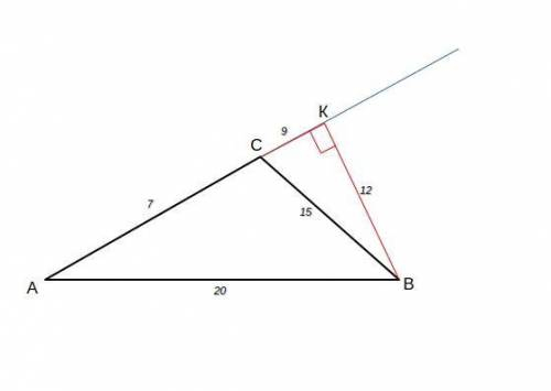У трикутнику ABC <A - тупий, ВС = 20 см, AB = 15 см, ВК = 12 см висота трикутника. Знайдіть АС. -