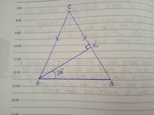 У рівнобедреному трикутнику АВС з основою АВ проведено висоту АК. ВАК=26°. Знайдіть ДАМ 50