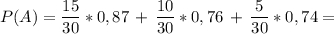 \displaystyle P(A) = \frac{15}{30} *0,87\,+\,\frac{10}{30} *0,76\,+\,\frac{5}{30} *0,74=