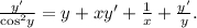 \frac{{y'}}\cos }^2}y}} = y + xy' + \frac{1}{x} + \frac{{y'}}{y}.