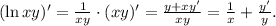 (\ln xy)' = \frac{1}{{xy}} \cdot (xy)' = \frac{{y + xy'}}{{xy}} = \frac{1}{x} + \frac{{y'}}{y}.