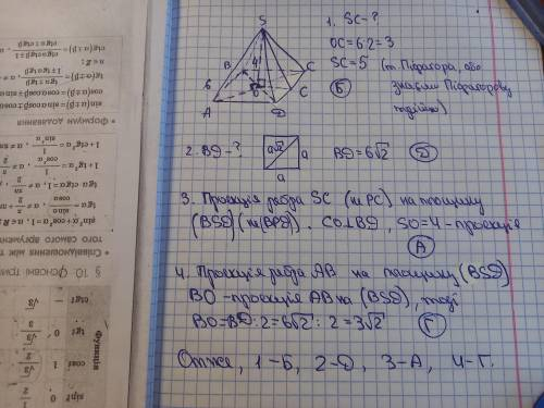 На рисунку SABCD - правильна чотирикутна піраміда, SO – висота піраміди, SO = 4, AB = 6. Установіть