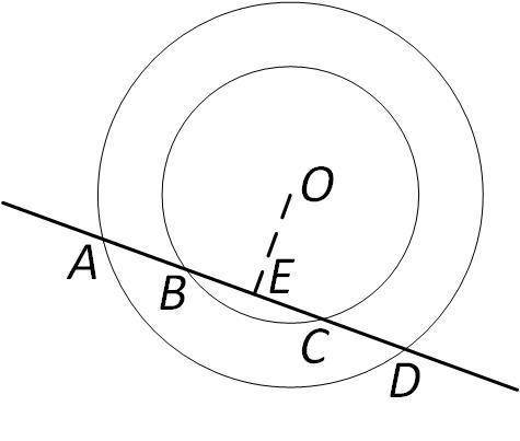 Две окружности имеют общий центр. Прямая пересекает обе окружности. Докажите, что отрезки этой прямо