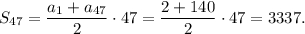 {S_{47}} = \displaystyle\frac{{{a_1} + {a_{47{2} \cdot 47 = \displaystyle\frac{{2 + 140}}{2} \cdot 47 = 3337.