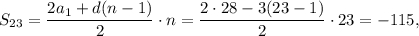 {S_{23}} = \displaystyle\frac{{2{a_1} + d(n - 1)}}{2} \cdot n = \displaystyle\frac{{2 \cdot 28 - 3(23 - 1)}}{2} \cdot 23 = - 115,