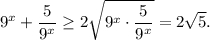 {9^x} + \displaystyle\frac{5}{{{9^x}}} \ge 2\sqrt {{9^x} \cdot \displaystyle\frac{5}{{{9^x = 2\sqrt 5 .