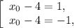 \left[ \begin{array}{l}{x_0} - 4 = 1,\\{x_0} - 4 = - 1,\end{array} \right.