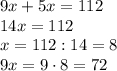 9x+5x=112\\14x=112\\x=112:14=8\\9x=9 \cdot 8=72