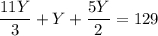 \dfrac{11Y}{3} +Y+\dfrac{5Y}{2} =129