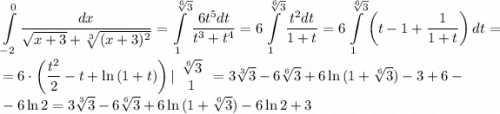 \displaystyle\int\limits^0_{-2} {\dfrac{dx}{\sqrt{x+3}+\sqrt[3]{(x+3)^2}}}=\int\limits^{\sqrt[6]{3}}_{1} {\dfrac{6t^5dt}{t^3+t^4}}=6\int\limits^{\sqrt[6]{3}}_{1} {\dfrac{t^2dt}{1+t}}=6\int\limits^{\sqrt[6]{3}}_{1} {\left(t-1+\dfrac{1}{1+t}\right)dt}=\\=6\cdot\left(\dfrac{t^2}{2}-t+\ln{(1+t)}\right)|\begin{array}{c}\sqrt[6]{3}\\1\end{array}=3\sqrt[3]{3}-6\sqrt[6]{3}+6\ln{(1+\sqrt[6]{3})}-3+6-\\-6\ln{2}=3\sqrt[3]{3}-6\sqrt[6]{3}+6\ln{(1+\sqrt[6]{3})}-6\ln{2}+3