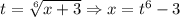 t=\sqrt[6]{x+3}\Rightarrow x=t^6-3