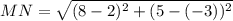 MN =\sqrt{(8-2)^2 +(5-(-3))^2}