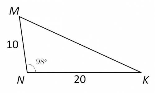 В треугольнике MNK MN=10cм, NK=20см, угол N равен 98 градусов Надо найти: 1. длину стороны MK 2. уг