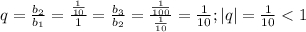 q=\frac{b_2}{b_1} =\frac{\frac{1}{10} }{1} =\frac{b_3}{b_2} =\frac{\frac{1}{100} }{\frac{1}{10} } =\frac{1}{10}; |q|=\frac{1}{10} < 1