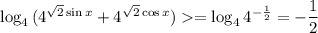 \log_4{(4^{\sqrt{2}\sin x}+4^{\sqrt{2}\cos x})} =\log_4{4^{-\frac{1}{2}}}=-\dfrac{1}{2}