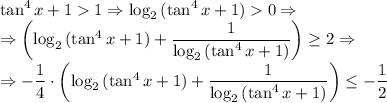 \tan^4 x+1 1\Rightarrow \log_{2}{(\tan^4 x+1)} 0\Rightarrow \\ \Rightarrow\left(\log_{2}{(\tan^4 x+1)}+\dfrac{1}{\log_{2}{(\tan^4 x+1)}} \right) \geq 2\Rightarrow \\ \Rightarrow-\dfrac{1}{4}\cdot \left(\log_{2}{(\tan^4 x+1)}+\dfrac{1}{\log_{2}{(\tan^4 x+1)}} \right) \leq -\dfrac{1}{2}