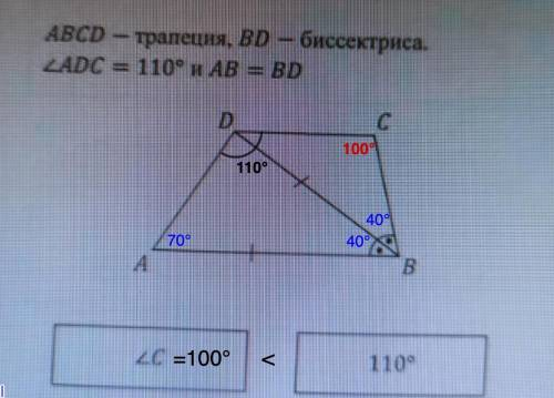 Если, ABCD-трапеция, ВD - биссектриса. угол ADC = 110° и AB = BD, то сравните: угол С и 110 градусов