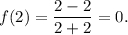 f(2) = \displaystyle\frac{{2 - 2}}{{2 + 2}} = 0.