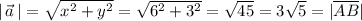 |\, \vec{a}\, |=\sqrt{x^2+y^2}=\sqrt{6^2+3^2}=\sqrt{45}=3\sqrt5=|\overline{AB}|