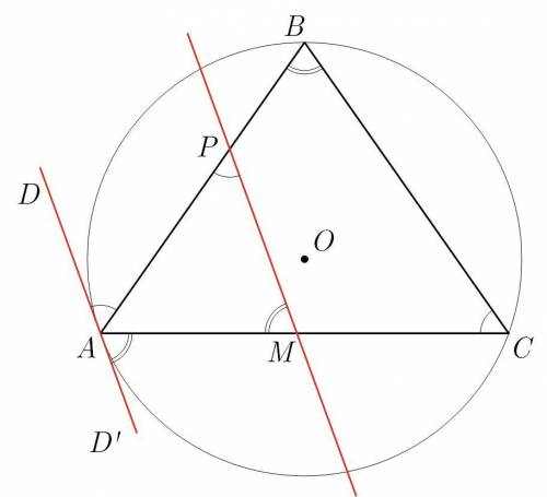 Пряма AD— дотична до описаного кола трикутника АВС. Пряма, паралельна цій дотичній, перетинає сторон