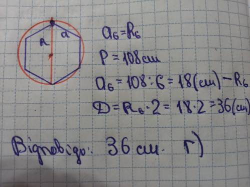 Периметр правильного шестикутника дорівнює 108см.Знайдіть діаметр описаного навколо нього кола. А) 9