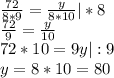 \frac{72}{8*9} = \frac{y}{8*10}|*8\\\frac{72}{9} = \frac{y}{10}\\72*10=9y|:9\\ y=8*10=80