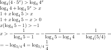 \log_4(4 \cdot 5^x) \log_44^x\\\log_44+\log_45^x x\\1+x\log_45 x\\1+x\log_45-x 0\\x(\log_45-1) -1\\x -\dfrac{1}{\log_4 5-1}=-\dfrac{1}{\log_4 5-\log_4 4}=-\dfrac{1}{\log_4(5/4)}=\\=-\log_{5/4}4=\log_{5/4}\dfrac{1}{4}