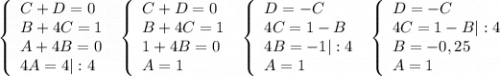 \left \{\begin{array}{l} C + D = 0 \\ B + 4C = 1 \\ A + 4B = 0\\ 4A = 4|:4\end{array} \right \ \left \{\begin{array}{l} C + D = 0 \\ B + 4C = 1 \\ 1 + 4B = 0\\ A = 1\end{array} \right \ \left \{\begin{array}{l} D = -C \\ 4C = 1 - B \\ 4B = -1|:4\\ A = 1\end{array} \right \ \left \{\begin{array}{l} D = -C \\ 4C = 1 - B|:4 \\ B = -0,25\\ A = 1\end{array} \right