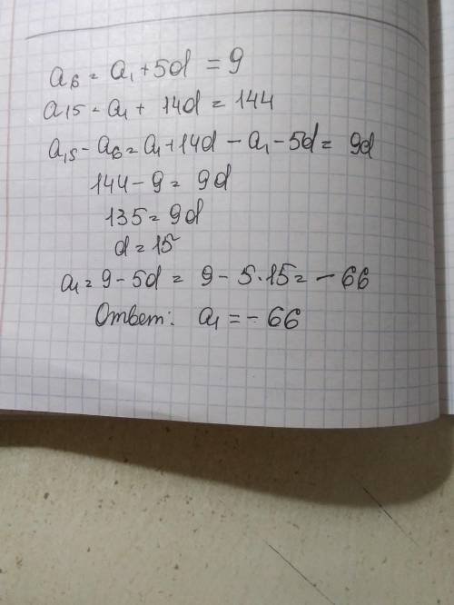 Найти первый член и разность арифметической прогрессии если a6 = 9 a15 = 144