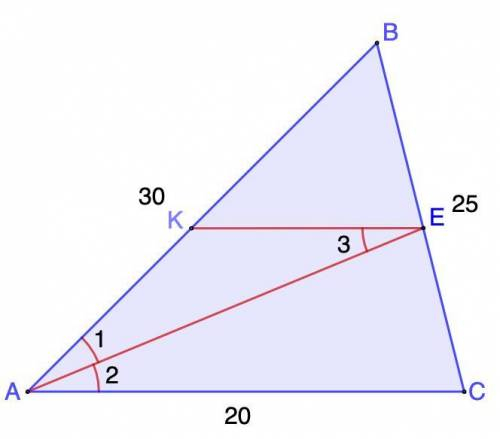 В треугольнике ABC, AB=30, Ac=20, bc=25: ae - биссектриса угла a. Из точки e проведена параллельная