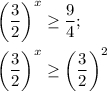 \left(\dfrac{3}{2}\right )^{x} \geq \dfrac{9}{4}; left(\dfrac{3}{2}\right )^{x} \geq \left(\dfrac{3}{2}\right )^{2}