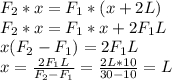 F_{2}*x = F_{1}*(x+2L) \\F_{2}*x = F_{1}*x + 2F_{1}L\\ x(F_{2} -F_{1} ) = 2F_{1}L\\ x=\frac{2F_{1}L }{F_{2} -F_{1}} =\frac{2L*10}{30-10}=L