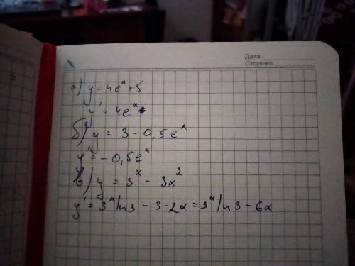 Знайти похіду функцій а) у = 4е^х +5; б) у = 3 - 0,5е^х ; в) у = 3^х - 3х^2