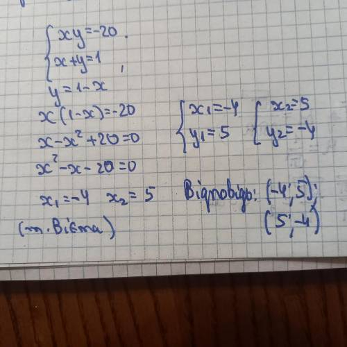 Розв'яжіть систему рівнянь xy= - 20,x+y=1