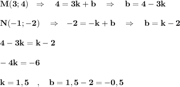 \bf M(3;4)\ \ \Rightarrow \ \ \ 4=3k+b\ \ \ \Rightarrow \ \ \ b=4-3kN(-1;-2)\ \ \ \Rightarrow \ \ -2=-k+b\ \ \ \Rightarrow \ \ \ b=k-24-3k=k-2-4k=-6k=1,5\ \ \ ,\ \ \ b=1,5-2=-0,5