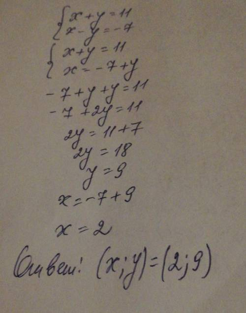 X+y= 11, Розв'яжіть систему рівнянь (x - y = -7.