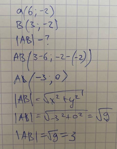 Знайдіть модуль вектора АВ, якщо а(6; -2), В(3;-2)