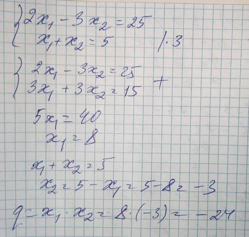 Корені рівняння х² -5x+q=0 задовольняють умову 2x₁ - 3x₂ = 25. Знайдіть значення q