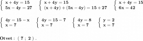\left\{\begin{array}{l}\bf x+4y=15\\\bf 5x-4y=27\end{array}\right\ \ \left\{\begin{array}{l}\bf x+4y=15\\\bf (x+4y)+(5x-4y)=15+27\end{array}\right\ \ \left\{\begin{array}{l}\bf x+4y=15\\\bf 6x=42\end{array}\rightleft\{\begin{array}{l}\bf 4y=15-x\\\bf x=7\end{array}\right\ \ \left\{\begin{array}{l}\bf 4y=15-7\\\bf x=7\end{array}\right\ \ \left\{\begin{array}{l}\bf 4y=8\\\bf x=7\end{array}\right\ \ \left\{\begin{array}{l}\bf y=2\\\bf x=7\end{array}\rightbf Otvet:\ (\ 7\ ;\ 2\ )\ .